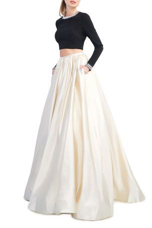 TYWJV Ieena for Mac Duggal Colorblock Two-Piece Ball Gown Set w/ Beaded Neck Crop Top  Pleated Skirt Nieman Marcus, Simple Saree Designs, Simple Sarees, Mac Duggal Dresses, Crop Top Skirt, Women's Evening Dresses, Mac Duggal, Dress The Population, Neck Crop Top