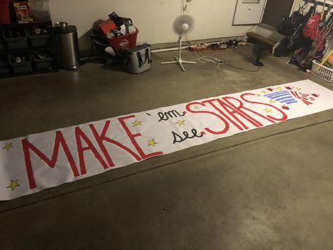 Make ‘em see Stars Football Banner America Night Football Theme, Barbie Football Posters, Usa Football Banners, Cheer Fence Signs, Usa Football Banners Run Through, Foot Ball Signs For Games, Usa Theme Football Signs, Usa Football Theme Poster, Banner Ideas For Cheering