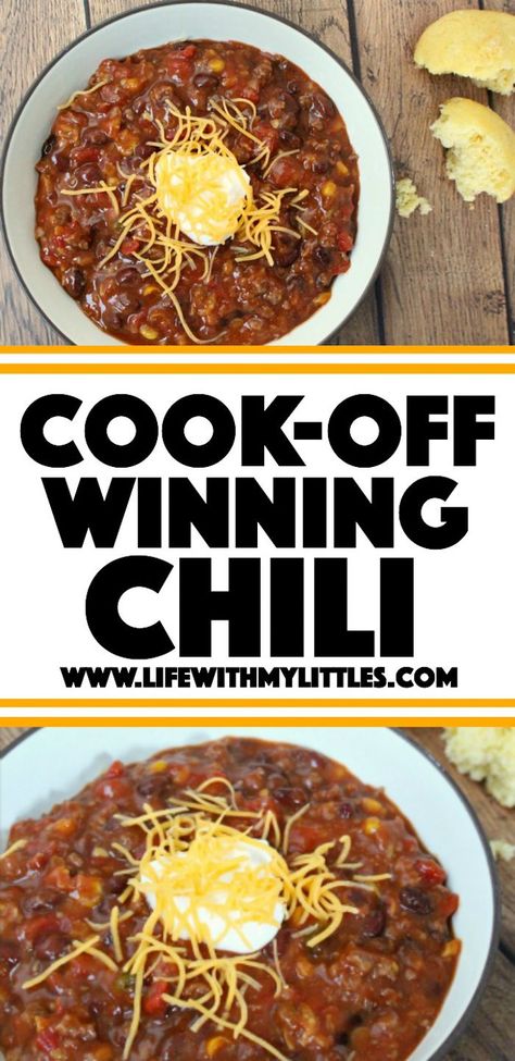 The best and easiest chili recipe to help you win any chili cook-off! Five ingredients, it cooks in a crock pot, and it'll warm you right up on cold, winter days! Chili Cook Off Winner, Chili Cook Off Decorations, Championship Chili Recipe, Red Recipes, Winning Chili Recipes, Award Winning Chili Recipe, Award Winning Chili, Chili Cookoff, Cheap Clean Eating