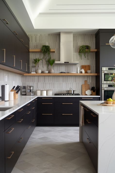 Kitchen Backsplash Featuring Light Gray Hexagonal Tiles and Dark Cabinets Dark Kitchen Tile Backsplash, Kitchen Backsplash With Dark Grey Cabinets, Gray Hexagon Backsplash Kitchen, Backsplash Kitchen Black Cabinets, Dark Grey Kitchen Cabinets Modern, Backsplash With Black Cabinets, Black Backsplash Kitchen, Dark Floor Kitchen, Hexagon Tile Backsplash Kitchen