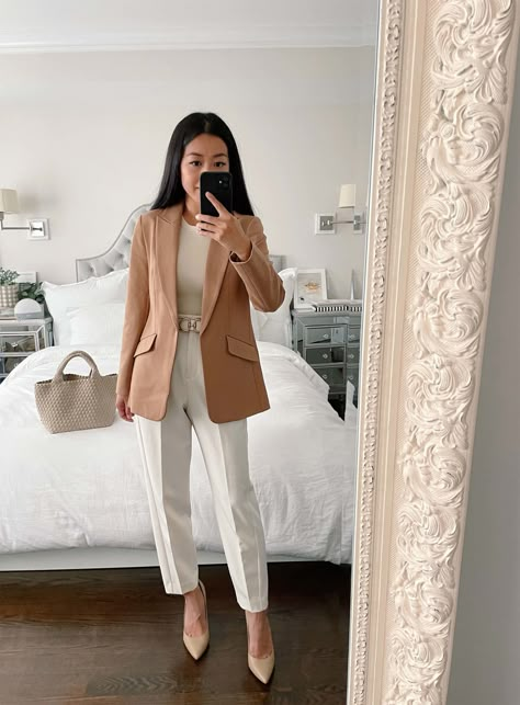 Beige Professional Outfit, Beige Blazer Formal Outfit, Work Bodysuit Outfit, Office Outfits Blazer, Neutral Colour Outfits Classy, Nude Work Outfit, Blazer Outfits Petite Women, Tan Blazer Outfits Women Office Wear, Feminine Blazer Outfit