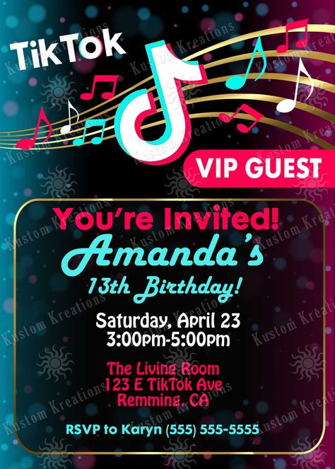 TikTok Birthday Invitations | Kustom Kreations Tiktok Birthday Invitation, Tiktok Invitation, Birthday Tiktok, Teen Birthday Invitations, Tiktok Birthday, Sibling Birthday Parties, Slumber Party Invitations, Birthday Sleepover Ideas, Editable Birthday Cards