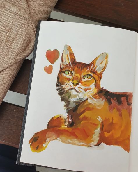 Gouache Prints, Cat Gouache, Gouache Sketchbook, Gouache Art, Cat Artwork, Red Cat, Tree Drawing, Body Reference, Color Theme