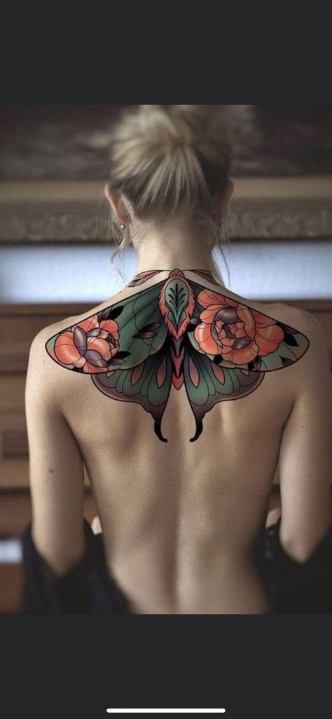 Colorful Stomach Tattoos Women, Female Front Thigh Tattoos, Full Back Tattoo Women Color, Back Tattoo Women Colorful, Female Upper Back Tattoos, Large Back Piece Tattoo Women, Full Back Butterfly Tattoo, Art Deco Woman Tattoo, Feminine Back Piece Tattoo