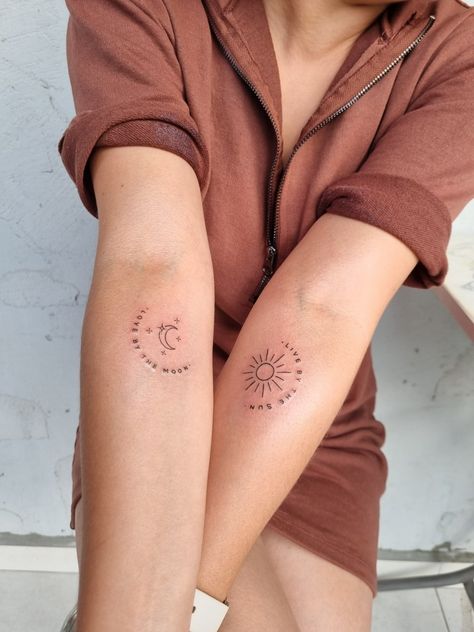 Live By The Sun Love By The Moon Tattoo Ideas, Love By The Sun Love By The Moon Tattoo, Love By The Sun Love By The Moon, Sun And Moon Tattoo Quotes, Sun And Moon Lovers Tattoo, Love By The Moon Live By The Sun Tattoo, Cosmic Love Tattoo, Live By The Sun Tattoo, You Are The Sun Tattoo