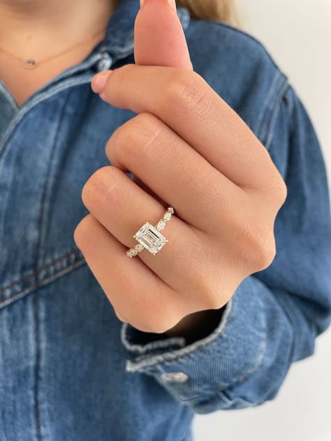 Gold Emerald Cut Engagement Ring, Dream Wedding Ring, Emerald Cut Diamond Engagement Ring, Cathedral Setting, Emerald Cut Diamond Engagement, Emerald Cut Diamond Ring, Cute Engagement Rings, Future Engagement Rings, Emerald Cut Engagement