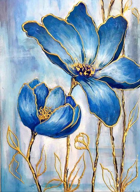 Big Blue Painting, Hot Glue Home Decor, Metallic Flower Painting, Soyut Sanat Tabloları, Acrylic Painting For Beginners, Simple Acrylic Paintings, Urban Sketchers, Oil Painting Flowers, Flower Art Painting