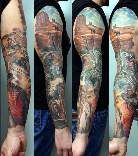 Cowboys And Indians Tattoo, Cowboy And Indian Tattoo, Themed Leg Sleeve Tattoo, Tattoo Sleeve Women, Tattoos Classy, Jay Tattoo, Western Tattoo, Wildlife Tattoo, Salvation Tattoo