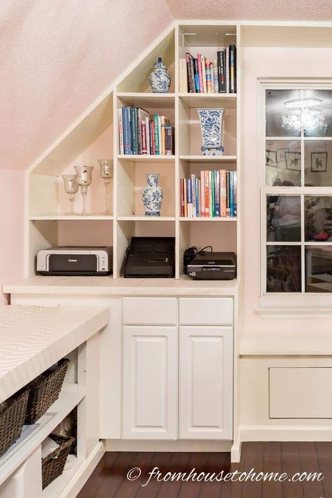 The finished cabinets | DIY Bonus Room Bookshelves And Window Bench Bonus Room Furniture, Bonus Room Decorating, Room Above Garage, Slanted Walls, Bonus Room Ideas, Room Bookshelf, Built In Shelves Living Room, Window Bench, Slanted Ceiling