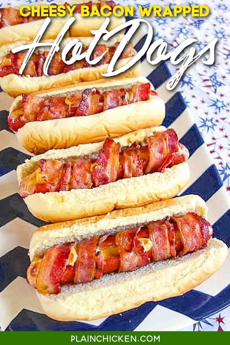 Cheesy Bacon Wrapped Hot Dogs – hot dogs stuffed with cheese and wrapped in bacon – bake for 10 minutes and you have the BEST hotdogs! Use precooked bacon to get good and crispy bacon. Can prep the hot dogs and bake the next day. #bacon #hotdog #bbq Hot Dogs Bacon Wrapped, Hotdogs With Bacon, Air Fry Bacon Wrapped Hot Dogs, Hot Dogs In The Oven, Best Hotdogs, Bacon Wrapped Mini Hot Dogs Brown Sugar, Precooked Bacon, Street Hot Dogs Bacon Wrapped, Baked Hot Dogs