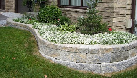 Corner Retaining Wall Front Yards, Raised Stone Flower Beds In Front Of House, Retaining Wall In Front Of House, Tiered Front Yard Landscaping, Sloped Front Yard Landscaping, Sloped Front Yard, Front Garden Bed, Stone Flower Beds, Landscaping Blocks