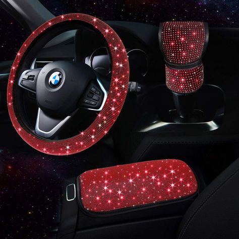 TZARROT Red Bling Car Accessories Set for Women, Bling Steering Wheel Cover for Women Universal Fit 15 Inch, Rhinestone Center Console Cover, Bling Gear Shift Cover, Crystal Car Decor Set 3pc Red Interior Car, Bling Car, Bling Car Accessories, Car Deco, Car Decorations, Car Accessories For Women, Car Steering Wheel Cover, Car Mods, Accessories Set