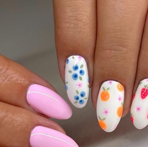 Tayler Webb | your nail girl on Instagram: "tutti frutti 🫐🌸🍊🌸🍓🌸🍋🌸🍒 . Inspired by @beautybyjanessa" May Nails, Summery Nails, Cute Gel Nails, Short Acrylic Nails Designs, Get Nails, Beach Nails, Nail Art Ideas, Minimalist Nails, Dream Nails