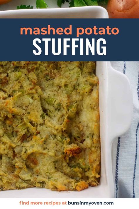 Amish Mashed Potato Stuffing is a mixture of mashed potatoes and stuffing - perfect for a holiday dinner! We came across a version of Pennsylvania Dutch Mashed Potato Stuffing in an old cookbook and gave it a try. We put our own spin on it, adding in extra seasonings and fresh herbs, and here we are with this creamy, dreamy potato stuffing that is a definite must try! Potatoe Stuffing, Mashed Potato Stuffing, Amish Potato Stuffing, Potato Stuffing, Dressing Recipes Thanksgiving, Potato Filling, Mashed Potato Casserole, Homemade Stuffing, Stuffing Ingredients