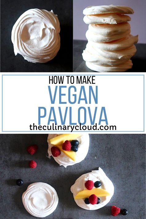 Eggless Meringue Recipe, Vegan Meringue Cookies, Vegan Pavlova Recipe, Pavlova Ideas, Vegan Marshmallow Recipe, Vegan Meringue Recipe, Vegan Pavlova, Aquafaba Recipes, Christmas Pavlova