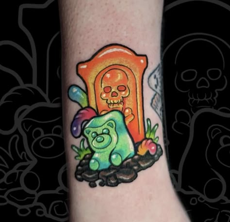 Funny New School Tattoo, Nuke Tattoo Ideas, Gummy Bear Tattoo Ideas, Slushie Tattoo, Half Tone Tattoo, Gummy Worm Tattoo, Halloween Candy Tattoo, Candyland Tattoo, Marshmallow Tattoo