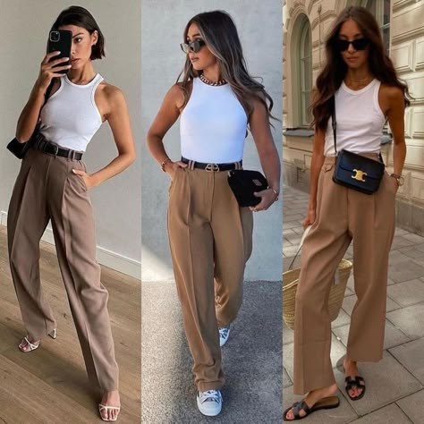 Chic Beige Wide-leg Pants, Casual Neutral Outfits, Envy Clothing, High Waisted Wide Leg Pants, Design Moda, Look Formal, Stylish Work Attire, Casual Outfit Inspiration, How To Save Money