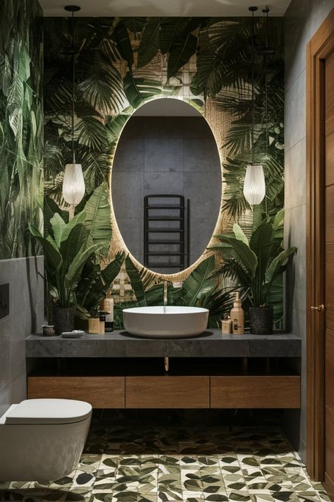 Design a bathroom that feels like a tropical escape! Explore 10 chic jungle-inspired decor ideas, featuring bold greenery, natural textures, and modern fixtures for the perfect balance of nature and style. #TropicalBathroom #ModernJungleDecor #BathroomInspo #InteriorDesign #NatureInspiredLiving #BathroomMakeover #JungleVibes #HomeDecor #TropicalEscape #BathroomGoals Zen Half Bathroom Ideas, Florida Bathroom Ideas, Rainforest Bathroom Ideas, Nature Bathroom Ideas, Tropical Bathroom Ideas, Bathroom Jungle, Safari Bathroom, Design A Bathroom, Nature Inspired Bathroom