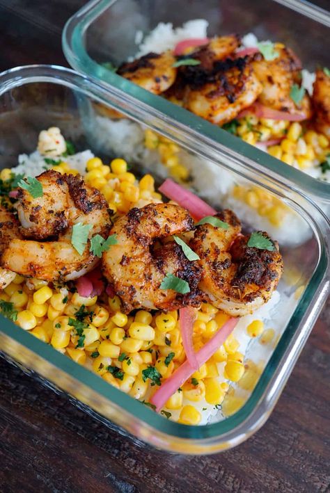 These Blackened Shrimp Taco Bowls are going to be your new meal prep go-to. The flavor from the blackening seasoning gives these bowls a nice kick, while the cilantro-lime jasmine rice brings a refreshing flavor to balance the dish. #shrimptacobowls #blackenedshrimp Blackened Shrimp Taco, Shrimp Taco Bowl, Seafood Tacos, Buddha Bowl Sauce, Shrimp Taco, Blackened Shrimp, Taco Bowl, Healthy Lunch Meal Prep, Taco Bowls