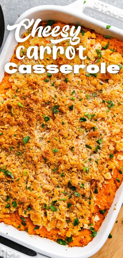 An overhead view of a casserole dish filled with cheesy carrot casserole, ready to be served. Cheesy Carrot Casserole, Carrot Casserole Recipes, Cheesy Carrots, Carrot Bake, Mashed Carrots, Ritz Cracker Topping, Company Recipes, Carrots Sweet, Carrot Casserole