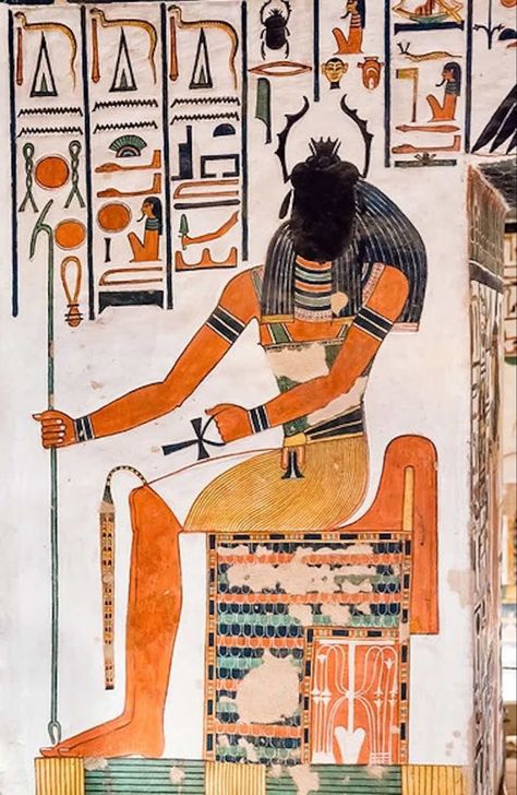 A list of Egyptian deities, which includes etymologies & hieroglyphics of their names | Image: Khepri, seated on a throne. From the Tomb of Nefertari in the Valley of the Queens. (kairoinfo4u/Flickr) Queen Nefertari, Starověký Egypt, Egyptian Painting, Egypt Museum, Valley Of The Kings, Egyptian Mythology, Egyptian History, Ancient Egyptian Art, Art Antique