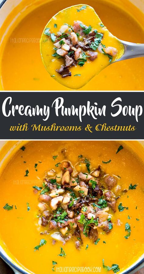 The most creamy, delicous Pumpkin Soup full of all flavors! #pumpkinsoup #basilpumpkinsoup #easypumpkinsoup #nocreampumpkinsoup Pumpkin And Mushroom, Pumpkin Chestnut Soup, Pumpkin Mushroom Soup, Pumkin Soup, Creamy Pumpkin Soup Recipe, Salad Board, Soup With Mushrooms, Cream Of Pumpkin Soup, Christmas Diner