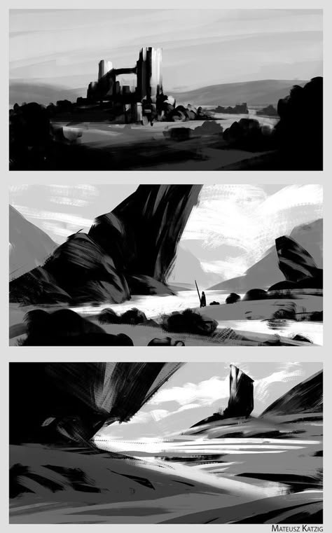 ArtStation - Composition sketches, Mateusz Katzig: Concept Diagram Ideas, Landscape Concept Diagram, Diagram Ideas, Environment Sketch, White Paintings, Environment Painting, Bg Design, Landscape Sketch, Concept Diagram