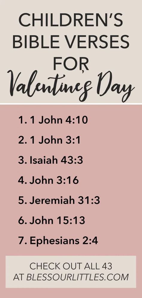 Whether you need a verse for cards or just want to teach your child about God's love, here are 43 Valentine's Day Bible Verses for kids! #BibleVersesForValentinesDay #ChildrensBibleVerses #ScriptureForKids Biblical Valentines For Kids, Bible Lesson On Love For Kids, Bible Verse Valentines For Kids, Lessons On Love For Kids Bible, Valentine’s Day Bible Lessons, Love Scriptures Valentines, Preschool Bible Verses, Christian Valentines Cards, Valentines Bible Verse