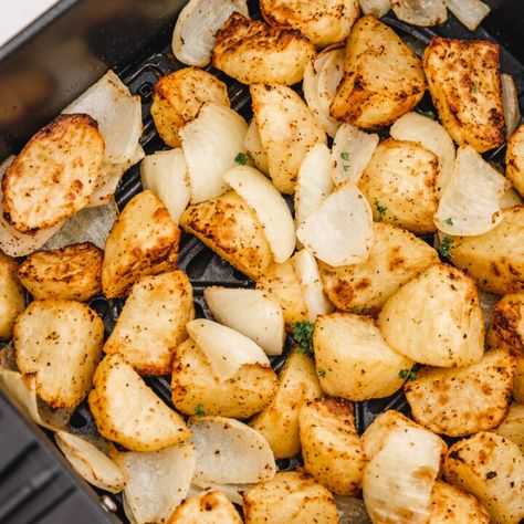 Air Fryer Potatoes and Onions - cravingsmallbites.com Air Fryer Onions And Potatoes, Airfryer Potatoes And Onions, Potatoes And Onions In Air Fryer, Air Fryer Fried Potatoes And Onions, Air Fryer Potatoes And Onions, Roasted Diced Potatoes, Fried Red Potatoes, Potatoes Air Fryer, Roasted Potatoes And Onions