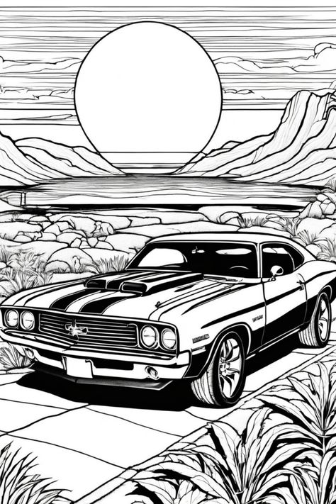 A classic muscle car parked near a scenic lake with mountains and a large sun in the background. Colour In Pages For Adults, Coloring Pages Vintage, Colour Sheet, Car Coloring Pages For Kids, Classic Car Drawing, Hot Rod Art, Vintage Coloring Pages, Coloring Car, Car Coloring Pages