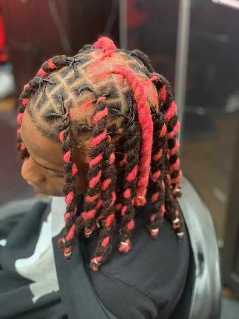 Dreadlock Styles For Birthday, Dread Hair Dye Ideas, 2 Color Dreads, Pink And Black Dreads Men, Loc Colors Ideas, Men Loc Color Ideas, Dye Locs Men, Dyed Locs Men Dreadlocks, Dreadlock Color Ideas Men