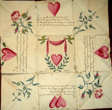 This image by Nancy Rosin (2007) from victoriantreasury.com  is of a puzzle purse dated February 14, 1816! By clicking on the link, you can read about these wonderful puzzle purses, and how and why they were made. (Sweethearts exchanged them as early as the 1790s.) Happy Valentine’s Day to all my re Puzzle Purse, Valentines Puzzles, Valentine History, Victorian Valentines, Hearts And Flowers, My Funny Valentine, Love Token, Paper Heart, Vintage Valentines