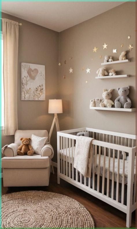 Sweet Dream Nursery Theme, White And Tan Nursery Gender Neutral, Corner Room Nursery Ideas, Nursery Brown Walls, Cute Baby Boy Nursery Ideas, Girl Nursery Ideas Neutral, Teddy Bear Nursery Theme Girl, Baby Room Design Girl, Easy Nursery Ideas