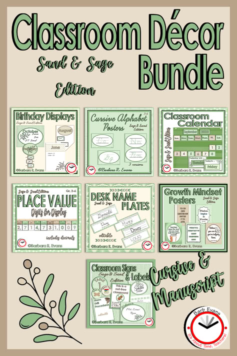 Use this bundle of 7 products to decorate your classroom and enhance the curricula. All of the products boast a coordinated sand & sage theme. This allows you to create a serene and sophisticated atmosphere. Buy the bundle and save 30%! #classroomdecor #decorbundle #growthmindset #placevalue #desknameplates #classroomsigns #calendar #birthdaydisplay #cursivealphabet #classroomorganization #classroommanagement #3rdgrade #3rdgradeteachers #4thgrade #4thgradeteachers #5thgrade #5thgradeteachers Language Arts Worksheets, All About Me Activities, Classroom Decor Bundle, About Me Activities, Back To School Bulletin Boards, 5th Grade Classroom, Classroom Signs, 4th Grade Classroom, School Bulletin Boards