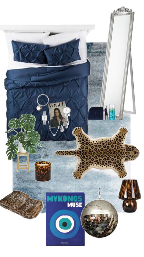 Navy And Leopard Bedroom, City Girl Room, Leopard Bedroom, Redo My Room, Cozy Dorm, Cozy Dorm Room, Room Redesign, Teen Bedroom Decor, Blue Rooms