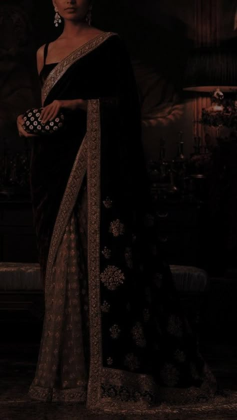 Dark Saree Aesthetic, Desi Dark Academia Outfits, Black Desi Clothes, Black Indian Aesthetic, Black Desi Dress, Dark Indian Aesthetic, Indian Saree Aesthetic, Black Saree Aesthetic, Aesthetic Indian Outfit