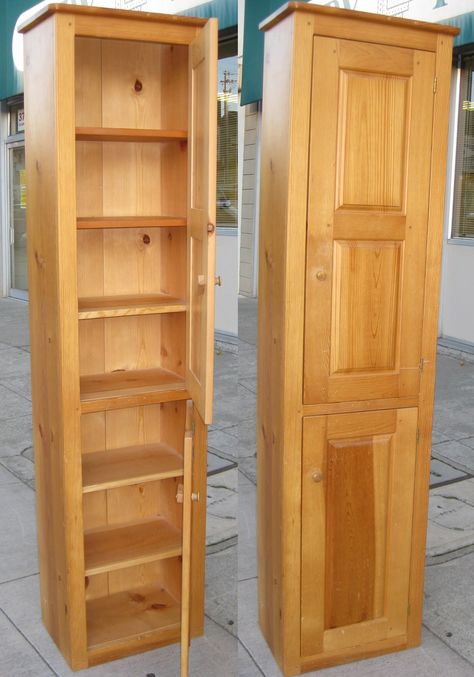 Tall Narrow Cabinet with Doors | the pictures below show the cabinet with doors open and closed Narrow Cabinet Kitchen, Tall Narrow Storage Cabinet, Narrow Pantry, Slim Storage Cabinet, Tall Kitchen Cabinets, Narrow Storage Cabinet, Pine Cabinets, Narrow Cabinet, Narrow Shelves