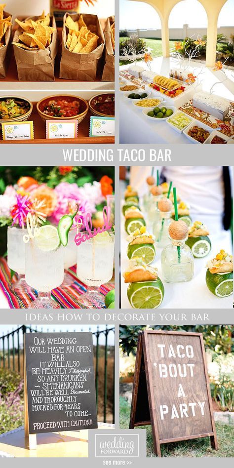 How To Decorate Wedding Taco Bar ❤ Wedding taco bar is something unusual and fun. So, why not make your wedding with a taco bar? See more: http://www.weddingforward.com/wedding-taco-bar/ #wedding #decor #tacobar Tacobar Party, Backyard Wedding Food, Taco Bar Wedding, Taco Bar Party, Mexican Bridal Showers, Decorate Wedding, Fiesta Bridal Shower, Tacos And Tequila, Foods And Drinks