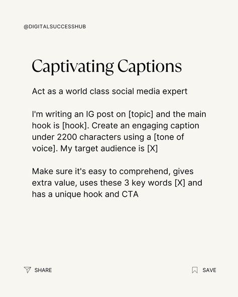 Having trouble coming up with interesting content for your Instagram? The solution you might need is creating the right prompts! Here’s why ⤵️ ✅ Targeted Content: Clear prompts help ChatGPT generate ideas that match your audience and topic. ✅ Save Time & Effort: Skip endless brainstorming! Focused prompts give you quality content ideas quickly, letting you concentrate on making them great. ✅ Boost Engagement: The right prompts spark creativity, leading to catchy captions, stories, and pos... Content Caption Ideas, Caption Prompts For Instagram, Spicy Content Captions, Mandatory Post Caption, Caption For Promoting Business, Catchy Captions, Tone Of Voice, Social Media Expert, Quality Content