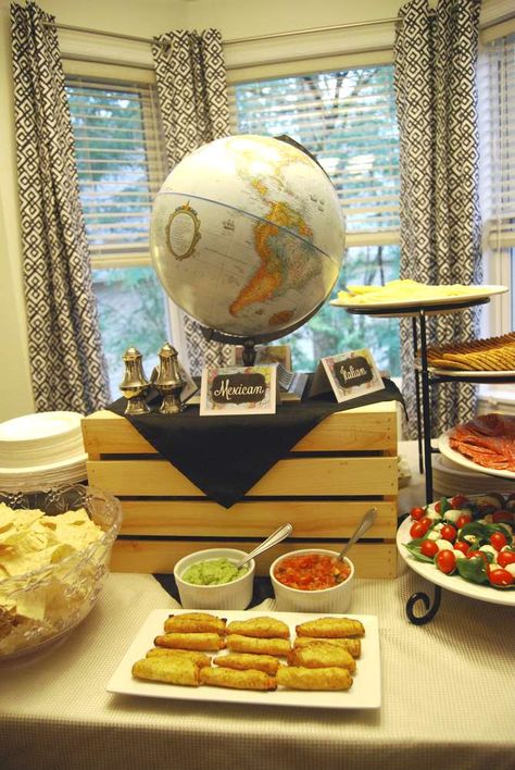 Welcome to the World- Baby Shower | CatchMyParty.com Office Baby Showers, Travel Theme Bridal Shower, Baby Shower Party Planning, Decoration Buffet, Travel Baby Shower Theme, Travel Baby Showers, Country Baby Shower, World Countries, Travel Party Theme