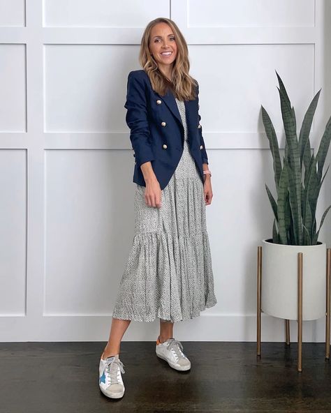 4 Navy Blazer Outfit Ideas for Fall | Merrick's Art Blazer Over Dress Outfits, Blazer With Dress Outfit, Dresses With Blazers, Blazer And Dress Outfit, Navy Blazer Outfit, Dress With Blazer Outfit, Long Blazer Outfit, Dress And Blazer Outfit, Navy Blazer Outfits