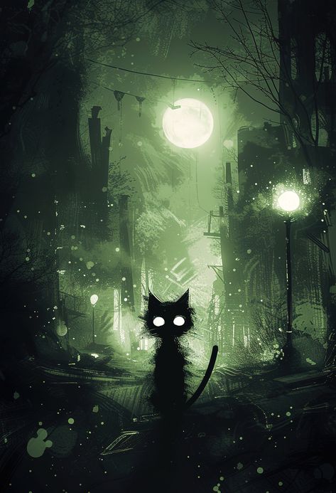 Dark Green Art, Cat Horror, Dark Deco, Cat Abstract, Green Poster, Art Noir, Green Cat, Halloween Painting, What Do You Mean