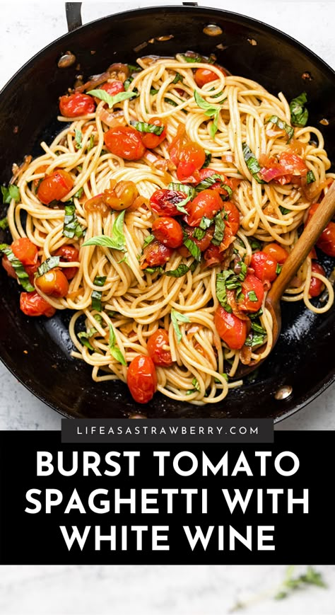 Burst Tomatoes Pasta, Smashed Tomato Pasta, White Wine Cherry Tomato Pasta, Bursting Tomato Pasta, Vegetarian Red Sauce Pasta, Spaghetti With Grape Tomatoes, White Wine Tomato Pasta Sauce, Spaghetti Squash With Cherry Tomatoes, Cherub Tomatoes Recipe