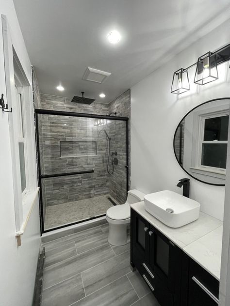 Black And Gray Restroom Ideas, Dark Bathroom Remodel Ideas, White And Black Bathroom Ideas Modern, Bathroom Flooring With Dark Cabinets, Black White And Gray Master Bath, Grey Restroom Ideas, Bathroom Remodel Backsplash, Bathroom Remodel Sink, Grey Floor Bathroom