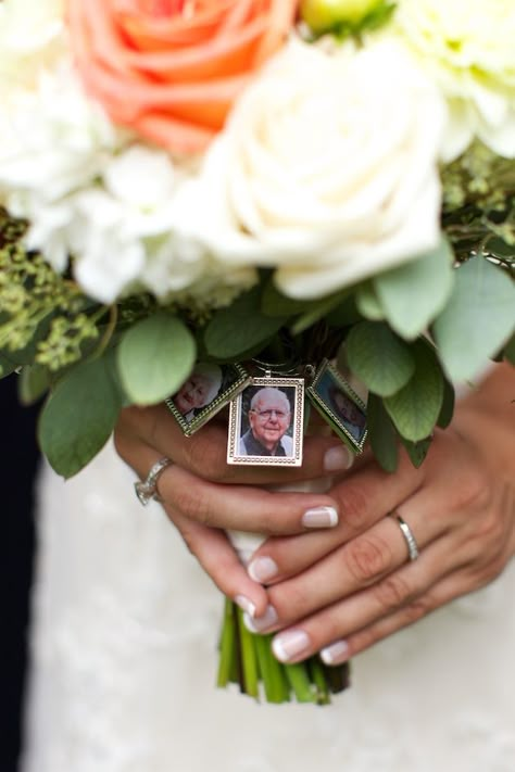 Ways To Remember Loved Ones, Wedding Bouquet Photo Charm, Bouquet Photo, Coral Garden, Grey And Coral, Boda Mexicana, Bridal Musings, Photo Charms, Walking Down The Aisle