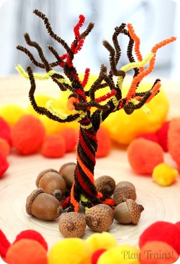 Fall Pipe Cleaner Crafts For Kids, Fall Pipe Cleaner Crafts, Pipe Cleaner Tree, Stick Tree, Button Brooch, Pom Pom Tree, Fine Motor Activity, Fall Activity, Stem Crafts