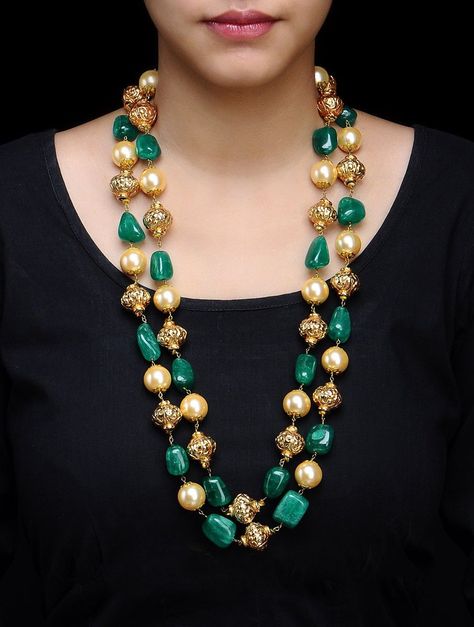 Buy Golden Ivory Green Double Chain Carved Metal Beads Pearl Shell Necklace Alloy Semi Precious Stone Online at Jaypore.com Precious Stones Jewelry, Semi Precious Stone Jewelry, Ethno Style, Pearl Necklace Designs, Beaded Necklace Designs, Beaded Jewels, Wedding Jewellery Collection, Gold Jewellery Design Necklaces, Fancy Jewellery