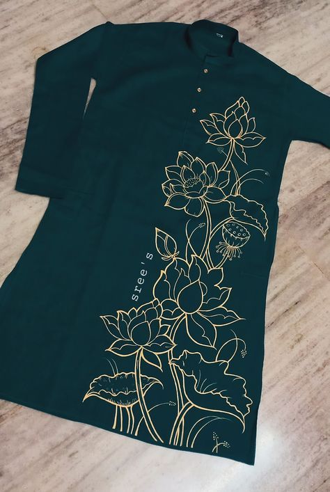 Black Kurti Painting Design, Fabric Painting On Kurti Ideas, Painted Kurta For Men, Panjabi Handpaint Design, Kurta Painting Design, Hand Paint Kurti, Fabric Painting On Clothes Blouse, Mural Painting On Shirt, Kurti Painting Design