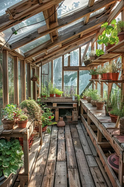 30 Greenhouse Ideas: Creative Designs for Your Home Garden Rustic Garden Room, Greenhouse On A Budget, Greenhouse Staging Ideas, Inside Greenhouse Ideas Inspiration, Rustic Green House, Diy Greenhouse With Old Windows, Rustic Conservatory, Greenhouse Organization Ideas, Green House Interior Ideas