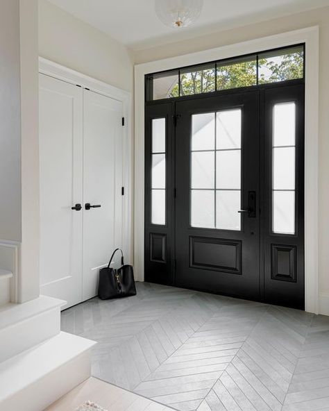 Black Foyer Door Entryway, Foyer Black Door, Black Front Door With Transom, Adding A Front Vestibule, Door Way Entry Ideas, Front Hall Tiles Entryway, Front Door With Sidelights And Transom, Front Door Entrance Interior Foyers, Front Door Tile Entryway